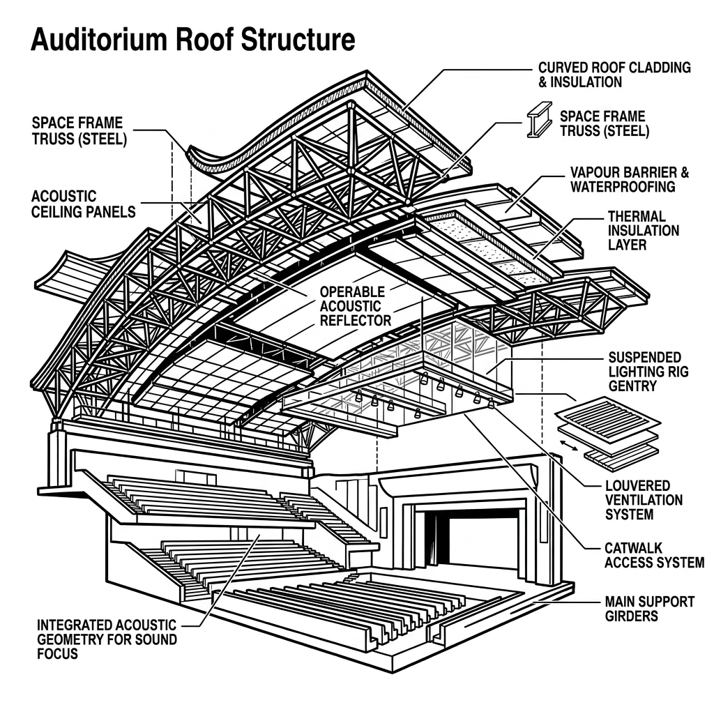 Auditorium curved roof steel structure, Airoli